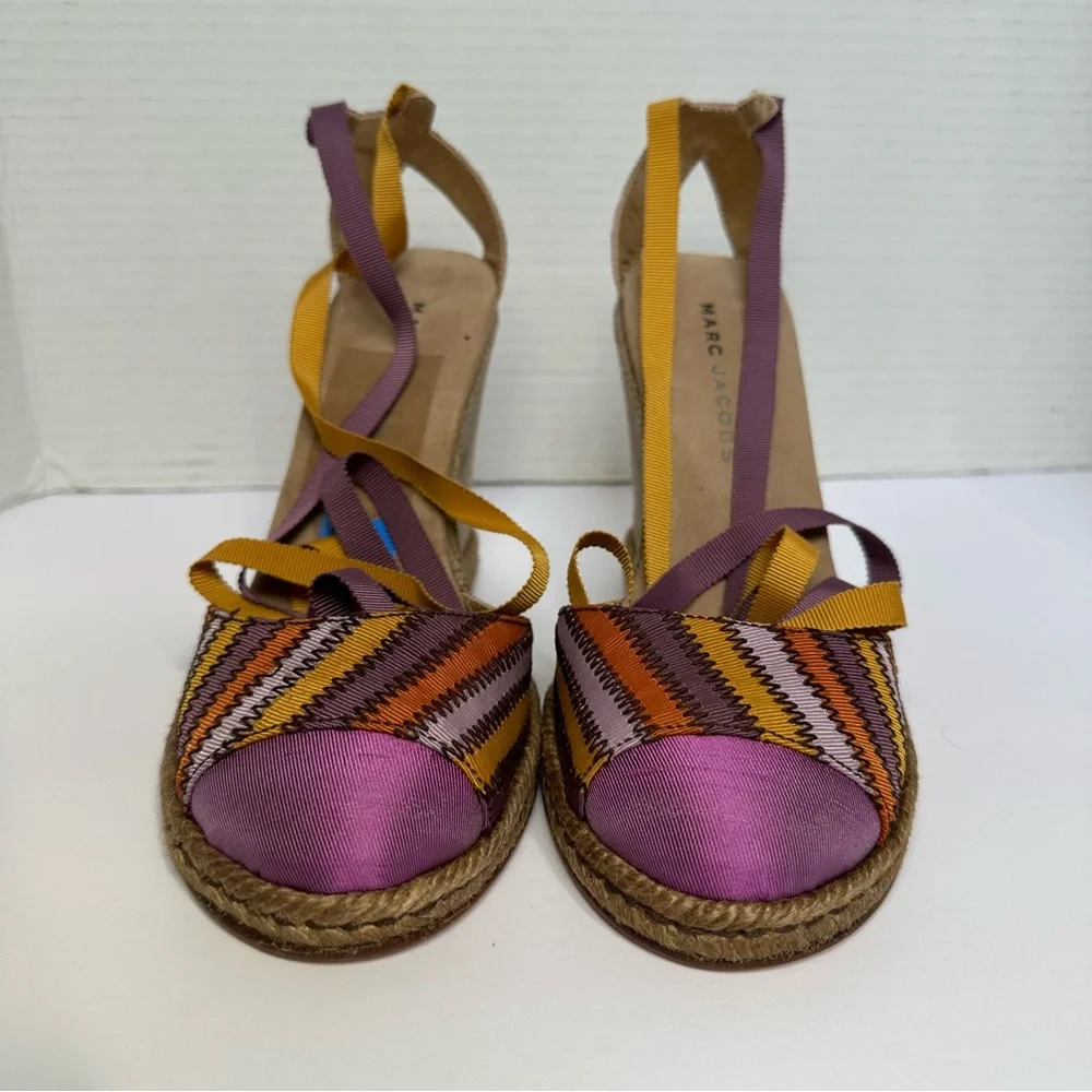 Marc Jacobs Purple & Gold Ankle Tie Colorful Wedge Espadrille Sandals- Size 7